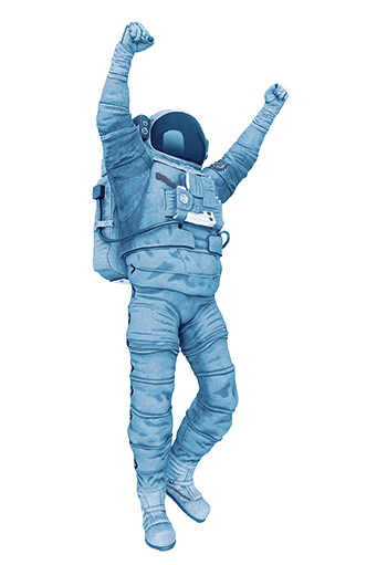 Billie Atoms standing in blue spacesuit with his arms raised in triumph