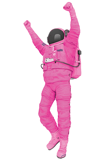 Billie Atoms standing and raising hands in air with pink spacesuit